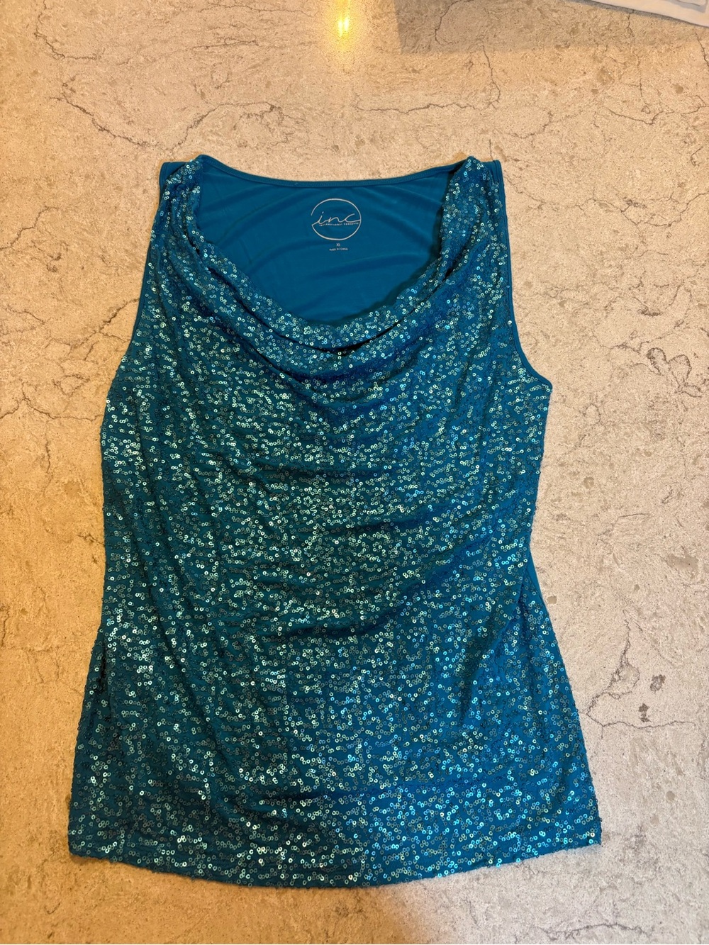 INC International Concepts Teal Sequin Cowl Neck Tank
